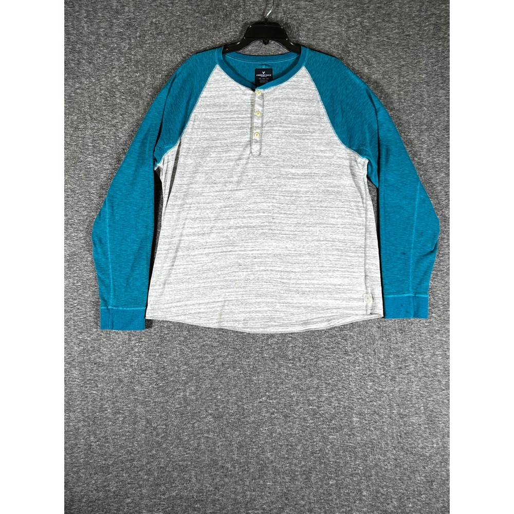 American Eagle Mens XXL Raglan Henley Shirt Teal Grey Long Sleeve Cotton Blend